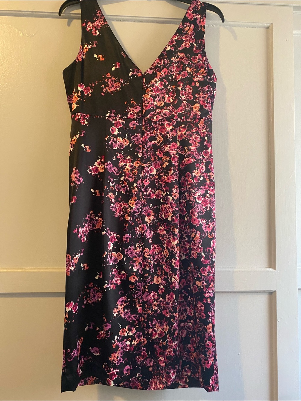 Evan Picone Black Satin Midi Dress with Pink Floral Print - size 10